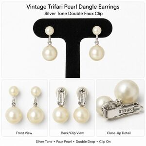 Vintage Trifari Pearl Dangle Earrings Silver Tone Double Drop Faux Pearl Clip On